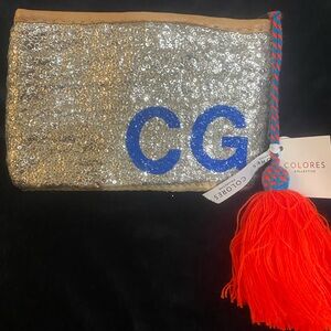 Colores Collective Silver Sequin Straw Clutch W Orange Tassel – Custom Monogram